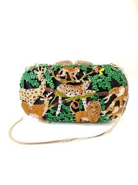 Embellished Jungle Animal Minaudière Clutch in Black Green Gold